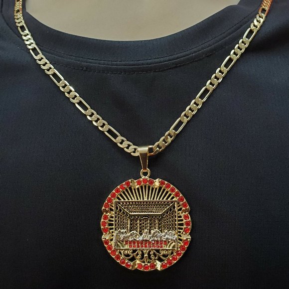 Mens 14k Gold Plated Last Supper Pendant 24" Figaro Chain. La Ultima Cena. - Picture 2 of 3